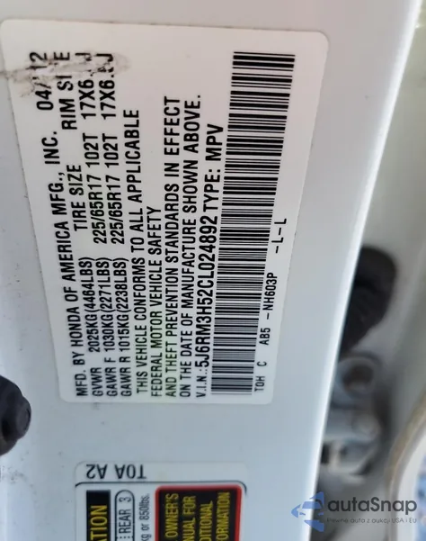 2012 Honda Cr-V Ex из США, поврежденный, VIN 5J6RM3H52CL024892